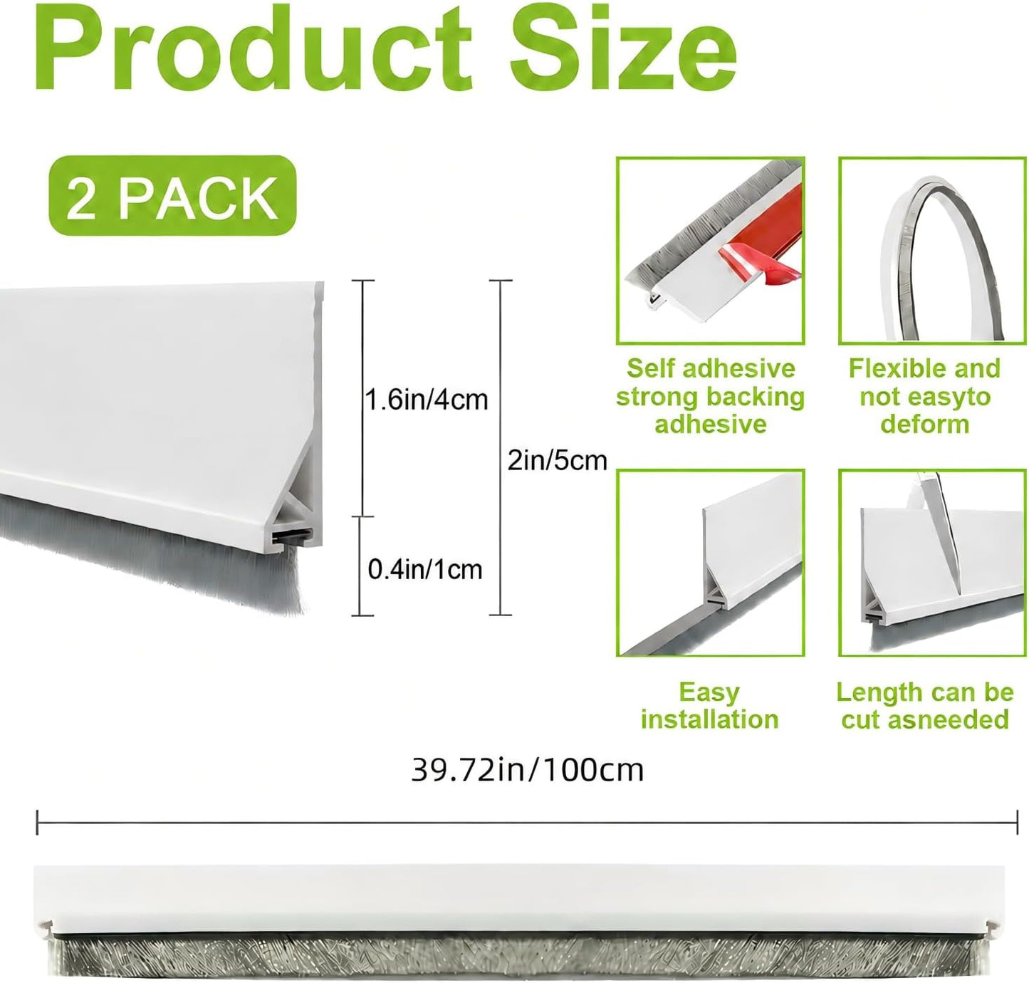 2 PCS Door Draft Stopper for Bottom with Brush, Self Adhesive Door Sweep for Exterior/Interior Doors, Bottom Seal Strip for Protection Against Bug, Dust, 2" W x 39" L, White