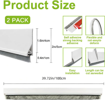 2 PCS Door Draft Stopper for Bottom with Brush, Self Adhesive Door Sweep for Exterior/Interior Doors, Bottom Seal Strip for Protection Against Bug, Dust, 2" W x 39" L, White