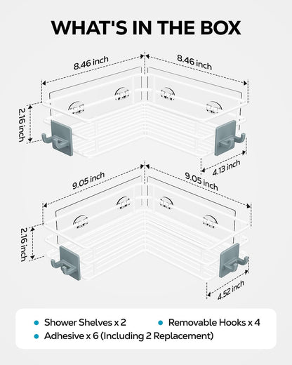 Nieifi Corner Shower Shelves Stainless Steel, Adhesive Shower Caddy Basket Rack with Hooks, Rust Proof for Bathroom Shelf Shampoo Holder (Silver, 2 Pack)