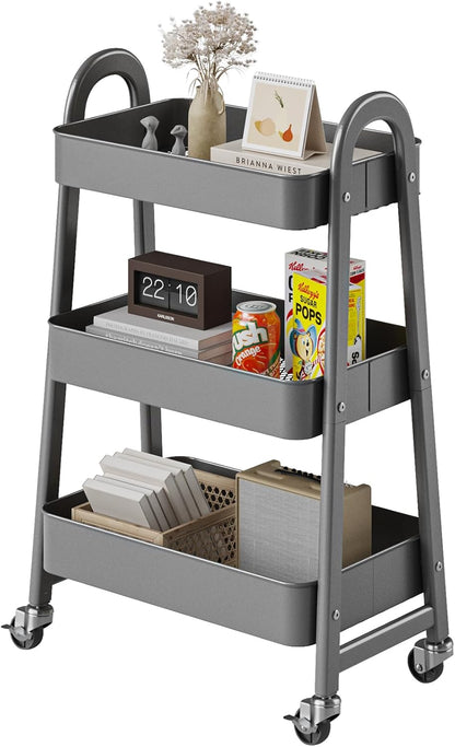 DUMOS 3 Tiers Rolling Cart, Utility Cart, Metal, White | Mobile Storage, Lockable Wheels, Utility Shelving Unit, Kitchen, Bathroom, Laundry, Narrow Places