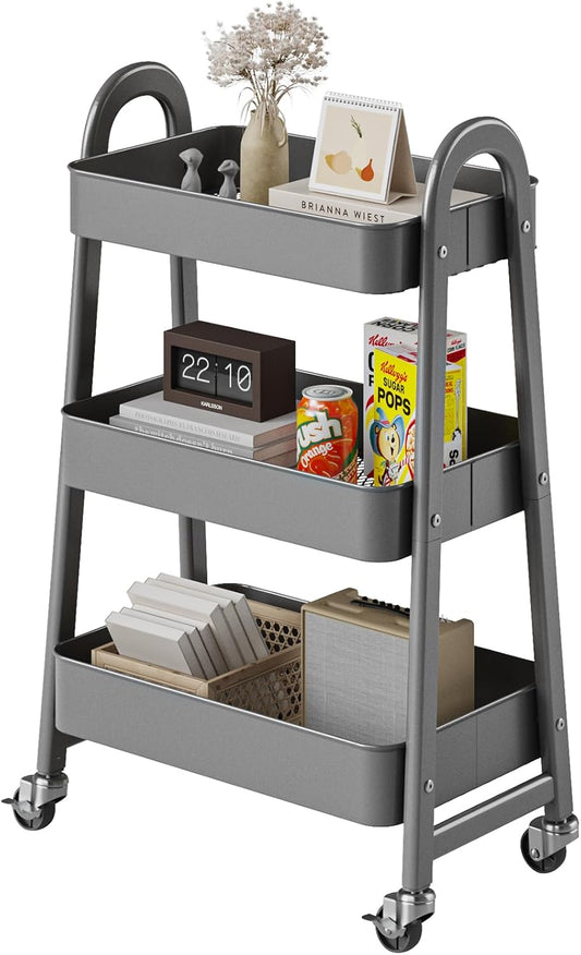 DUMOS 3 Tiers Rolling Cart, Utility Cart, Metal, White | Mobile Storage, Lockable Wheels, Utility Shelving Unit, Kitchen, Bathroom, Laundry, Narrow Places