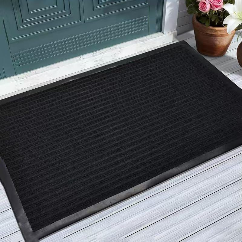 Door Mat Non-Slip Washable Entryway Rug, Heavy Duty Striped Shoe Scraper for Indoor Outdoor Entrance Garage Patio (Black)