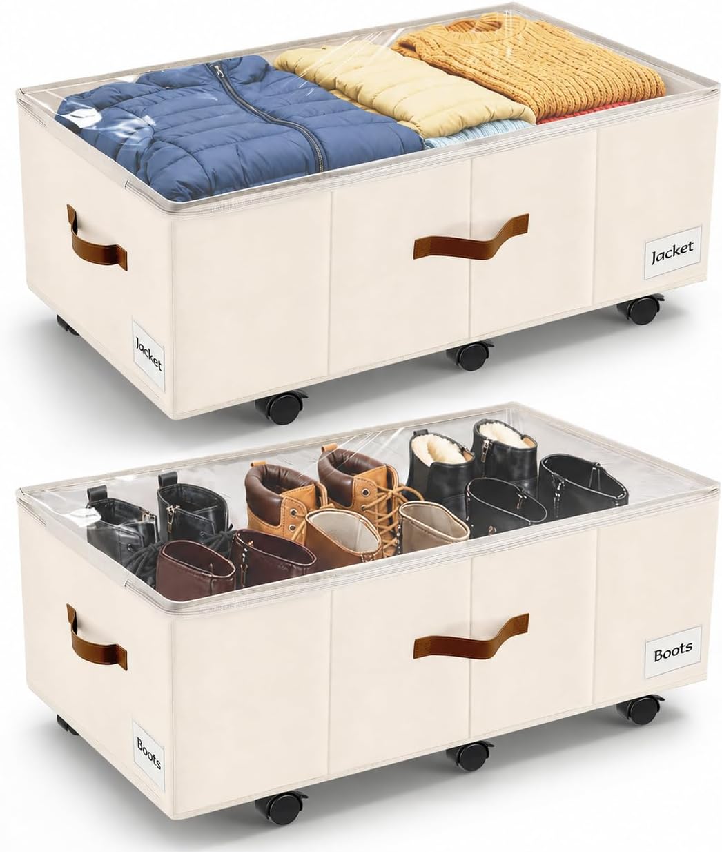 Under Bed Storage with Wheels,Underbed Storage with Sturdy Sidewalls/Bottom, Clear Cover, Label and PU Handle, Rolling Under Bed Drawers for Clothes, Shoes, 6.5 Inch Height,Black, 2 Pack