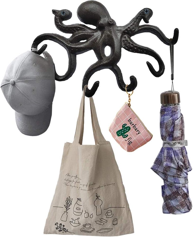 Cast Iron Coat Hooks Rustic Octopus Key Holder Heavy Duty Hooks Wall Mounted with 6 Tentacles for Keys, Towel, Bags, Scarf, Cup, Hat