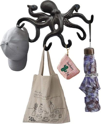 Cast Iron Coat Hooks Rustic Octopus Key Holder Heavy Duty Hooks Wall Mounted with 6 Tentacles for Keys, Towel, Bags, Scarf, Cup, Hat