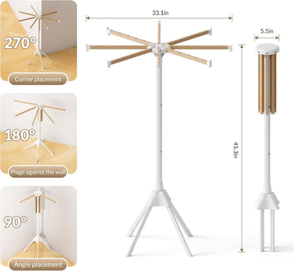 Wood Clothes Drying Rack, Foldable Collapsible Laundry Rack with 8 Adjustable Rods, Stable Space Saving Garment Organizer for Indoor Outdoor, Laundry Room, Bedroom, Bathroom, Balcony, RV, Camping