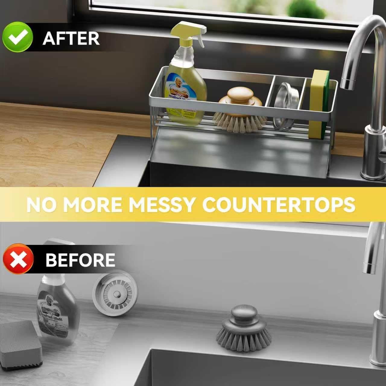 Kitchen Sink Caddy Organzier with Sponge Holder and Removable Drip Tray for Kitchen Sink, 304 Stainless Steel Organize for Sponge Soap Dish Brush Storage Accessories(Black)
