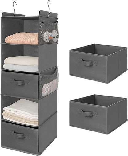 MAX Houser 4-Shelf Hanging Closet Organizer, Space Saver, Cloth Hanging Shelves with 2 Side Pockets, Foldable (Beige)
