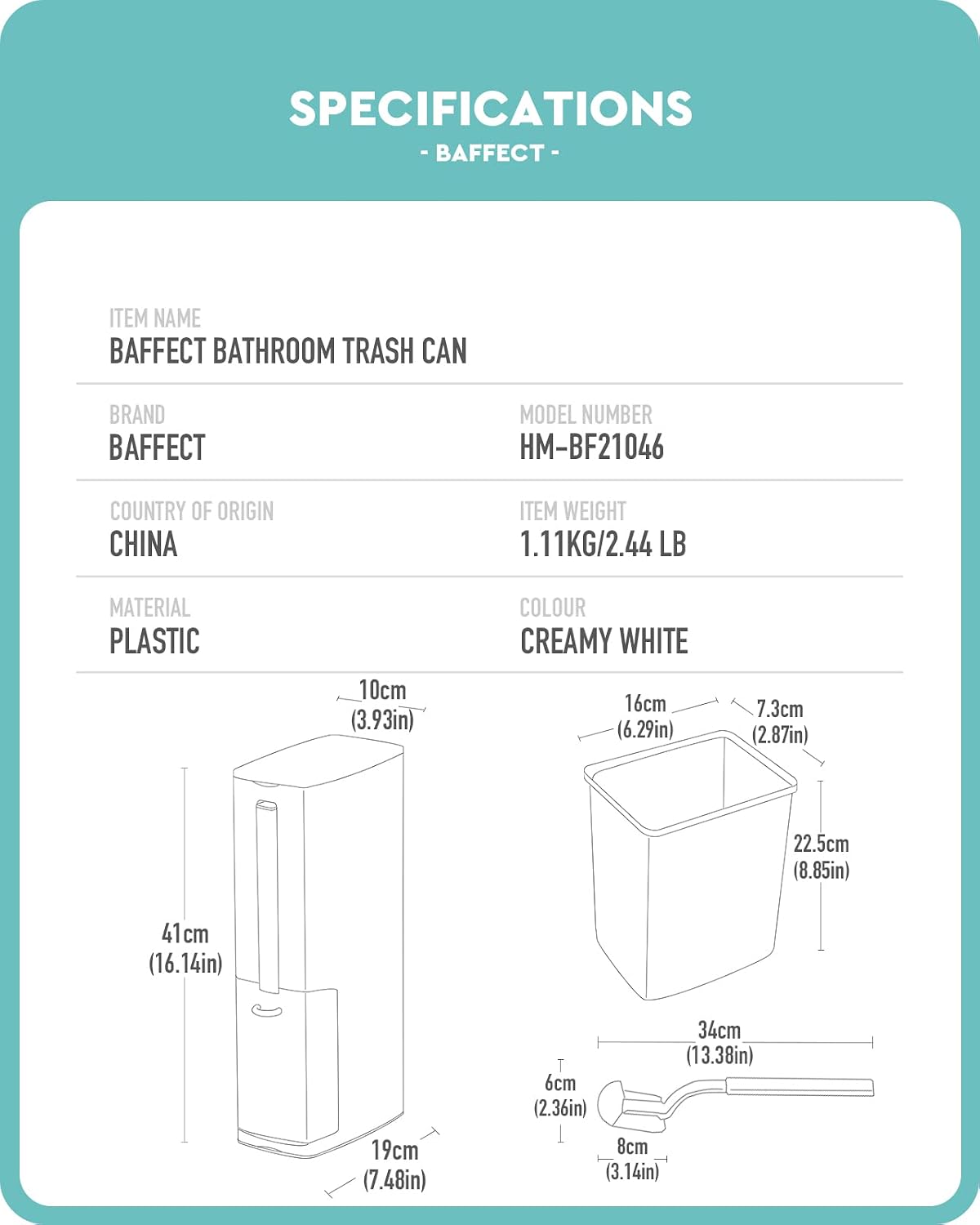 Baffect 2 Liter White Slim Bathroom Trash Can with Lid and Toilet Brush Holder