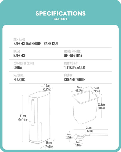 Baffect 2 Liter White Slim Bathroom Trash Can with Lid and Toilet Brush Holder