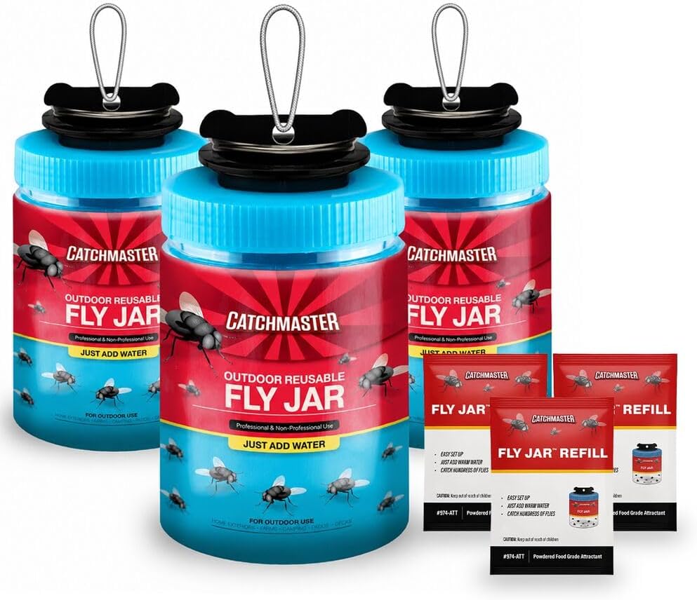 Catchmaster Reusable Outdoor Fly Trap, 2 Hanging Blue Jars with Bait | Catches All Species of Fly, Fly Traps Outdoor w/ Food-based lure, Odor Attracts Flies Away From People, Refill & Reuse