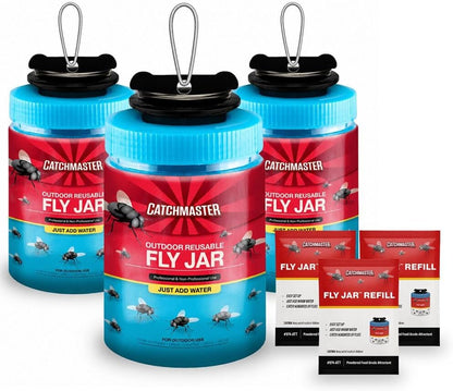 Catchmaster Reusable Outdoor Fly Trap, 2 Hanging Blue Jars with Bait | Catches All Species of Fly, Fly Traps Outdoor w/ Food-based lure, Odor Attracts Flies Away From People, Refill & Reuse