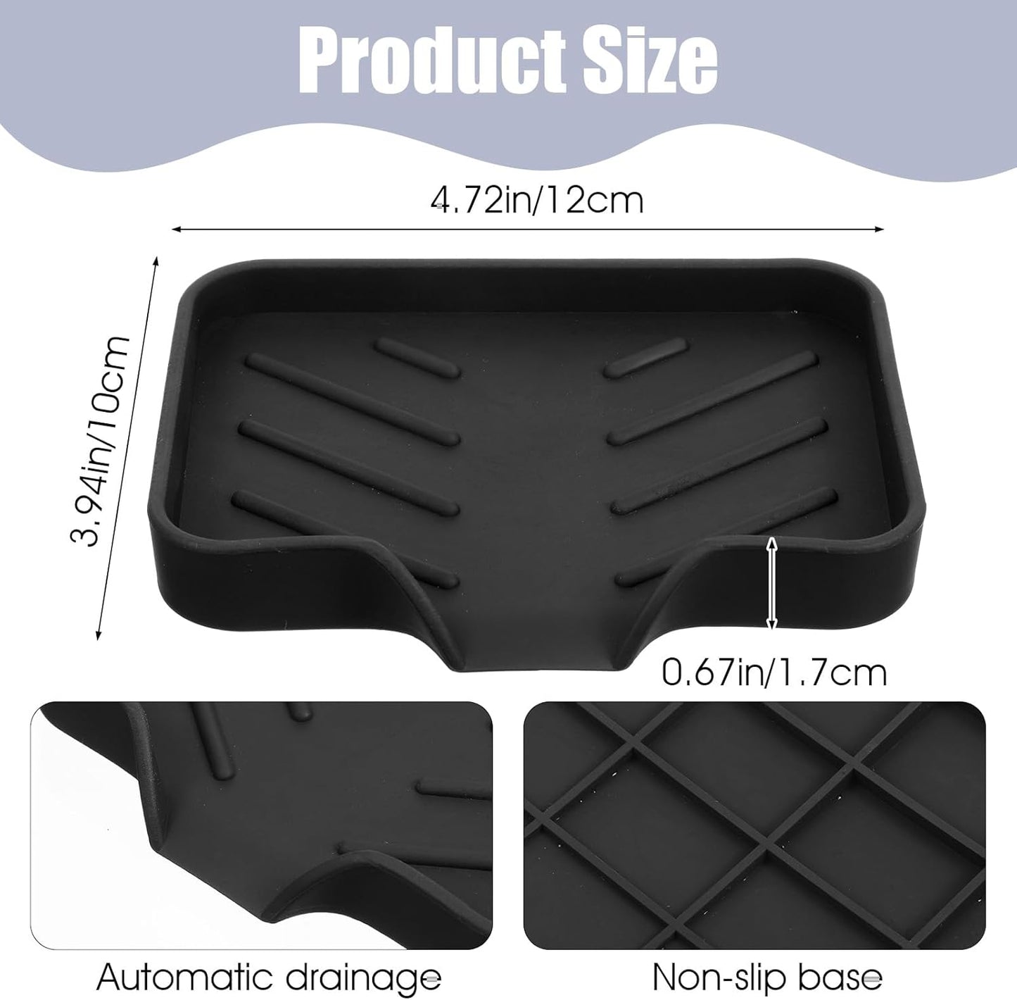 Silicone Bathroom Soap Dishes with Drain Spout Soap Dispenser Tray Sponge Holder Self Draining Kitchen Sink Counter Organizer Caddy for Dispenser Scrubber Bottle Cup(Black)