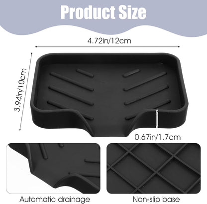 Silicone Bathroom Soap Dishes with Drain Spout Soap Dispenser Tray Sponge Holder Self Draining Kitchen Sink Counter Organizer Caddy for Dispenser Scrubber Bottle Cup(Black)