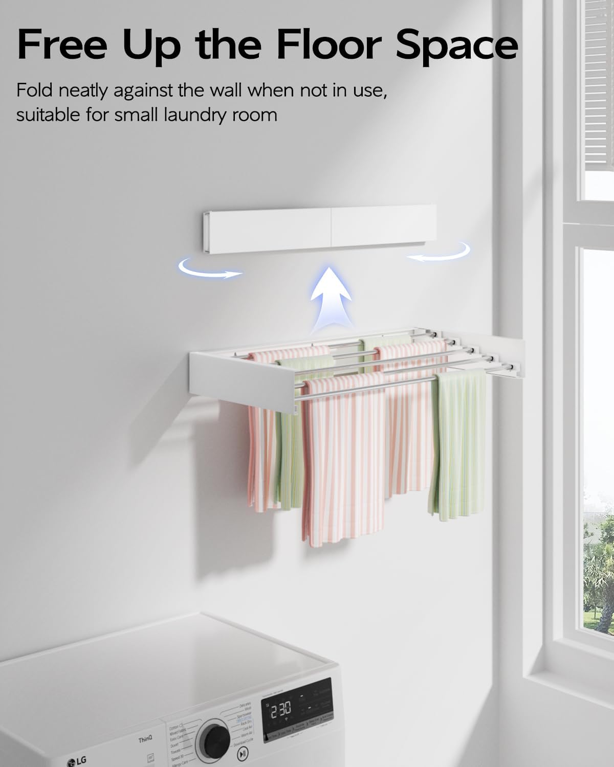 Vikaqi Wall Mounted Clothes Drying Rack 32", Foldable Wall Mount Laundry Rack Folding Indoor, Drying Rack Clothing Collapsible, Hidden Space Saver with Wall Template, 5 Rods, White