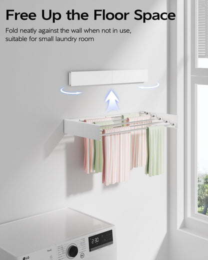 Vikaqi Wall Mounted Clothes Drying Rack 32", Foldable Wall Mount Laundry Rack Folding Indoor, Drying Rack Clothing Collapsible, Hidden Space Saver with Wall Template, 5 Rods, White