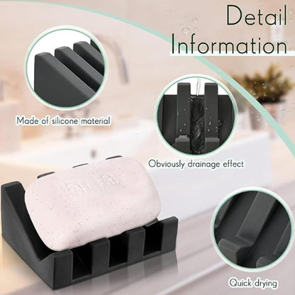 Silicone Soap Dish, Bar Soap Holder for Shower Bathroom, Kitchen, Bathtub, Self Draining Waterfall Drying Tray Keep Soap Bars Dry Clean & Easy Cleaning (Black)