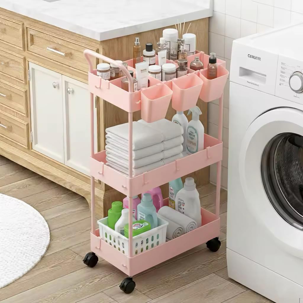 danpinera Storage Cart on Wheels, 3 Tier Slim Laundry with Wheels Bathroom Organizer with Hanging Cups Hooks Dividers Handle Mobile Rolling Art Cart for Bathroom Kitchen Narrow Places, White