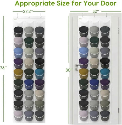 Baseball Hat Rack, 24 Pocket Over-The-Door Hat Organizer with Clear Deep Pockets to Display Baseball Caps Collection, Complete with 3 Over Door Hooks (Black, 24 Pockets)