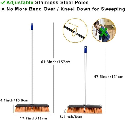 18" Push Broom Outdoor Heavy Duty with Stiff Bristles, Shop Broom with 63" Long Handle, Snow Broom Garage Push Broom for Concrete Wood Scrub Brush for Cleaning Shop Garage Deck Patio Driveway (Orange)