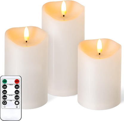 Outdoor Flameless Candles with Remote Timer - Waterproof Realistic Flickering LED Pillar Electric Battery Operated Fake Candle for Holiday Home Wedding Fireplace Decor - Ivory White 3 Pack (4”6”8”)