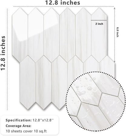 Vamos Tile Glossy Dolomite White Backsplash Tile Peel and Stick, 12.8 x 12.8 Inch 10 Sheets Long Hexagon PVC Self Adhesive Mosaic Wall Tiles Stick on Backsplash for Kitchen and Bathroom