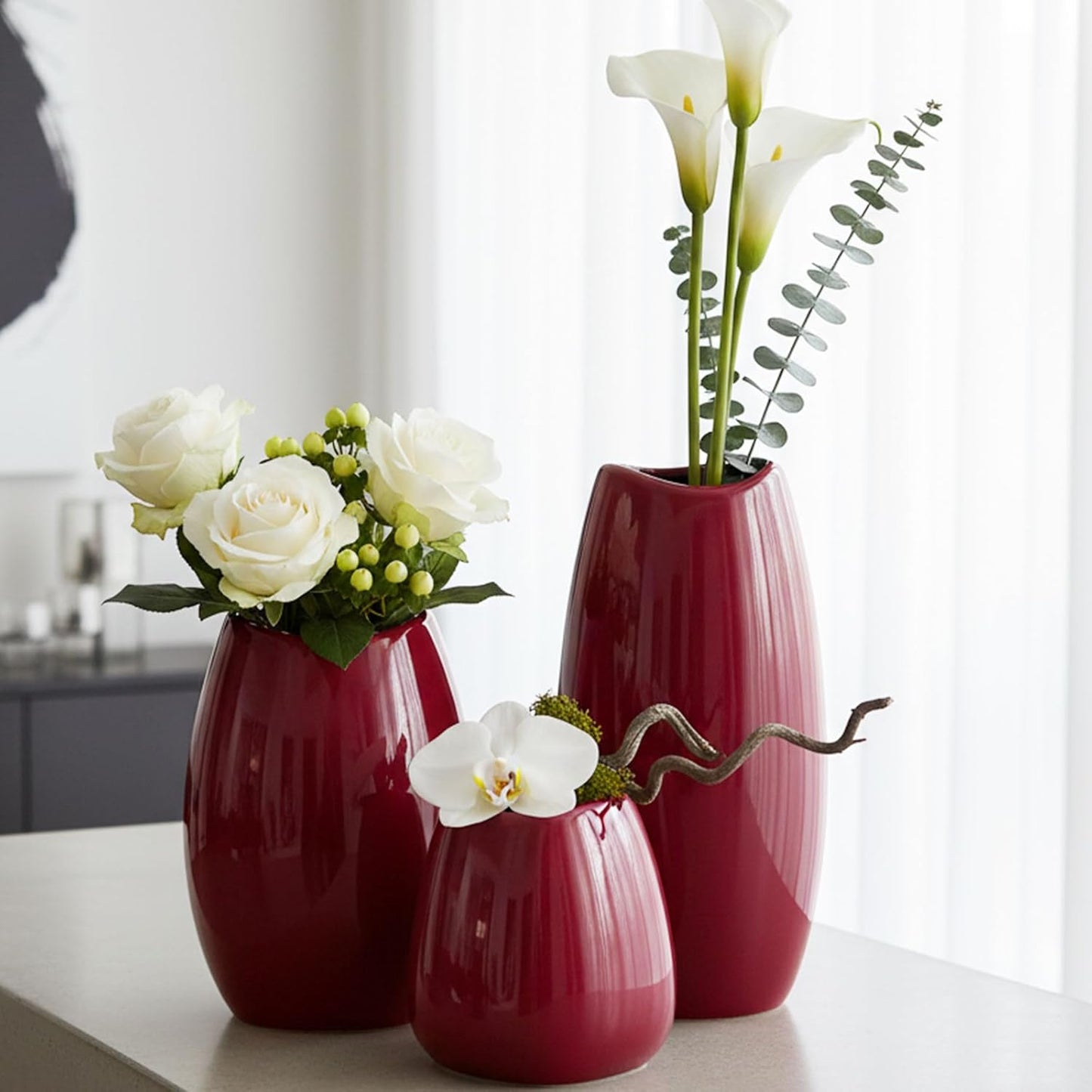 hjn Ceramic Vase Set of 3 White Flower Vase for Home Decor, Modern Decorative Vases for Flowers/Ideal Shelf Decor/Table/Living Room/Kitchen/Office-White