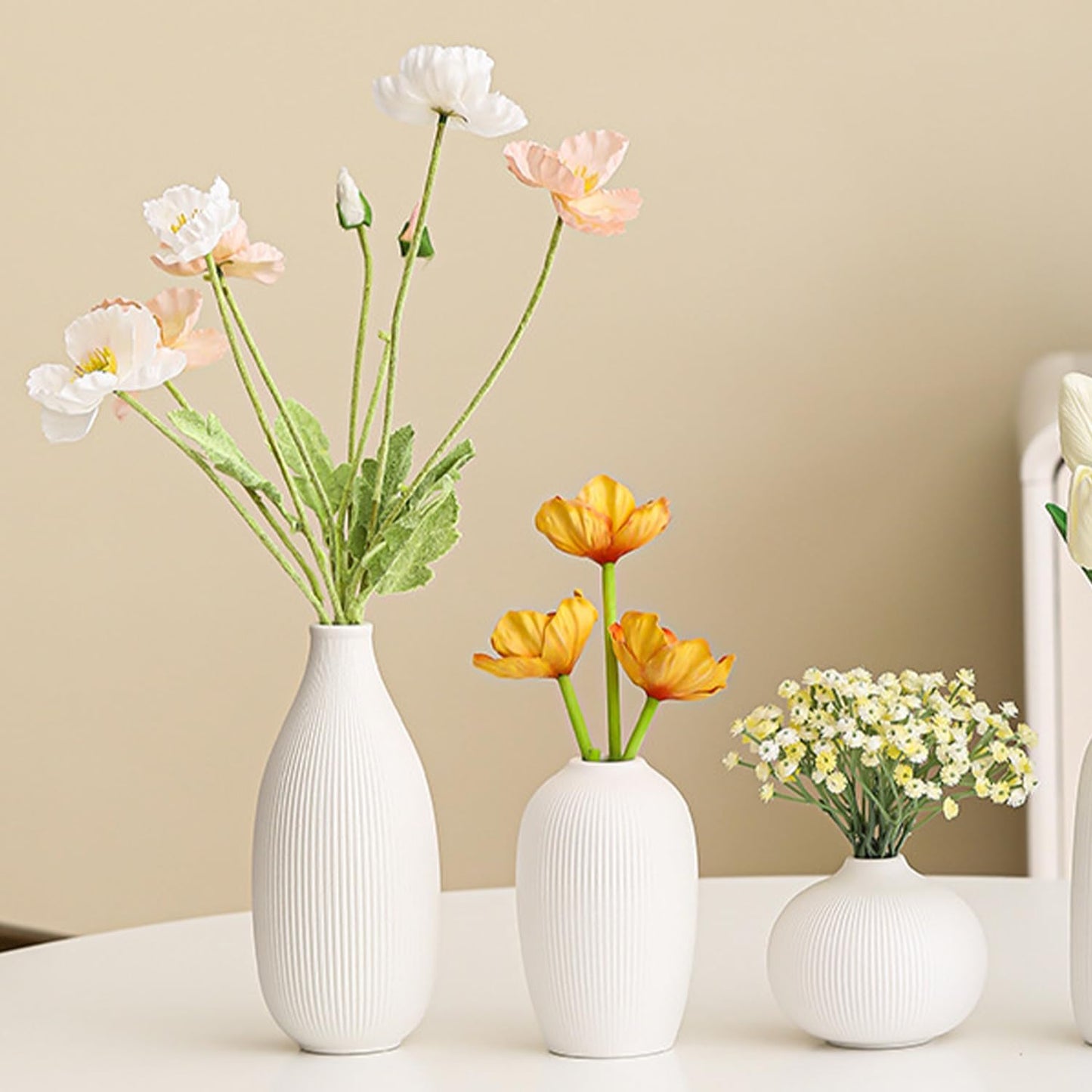 Ceramic Vase Set of 3 - Small Modern Minimalist Ceramic Bud Vases for Home Decor - Boho Aesthetic Flower Vases for Desk, Shelf & Table, Mantle, Bookshelf (Cute & Versatile) (Neutral Mix)