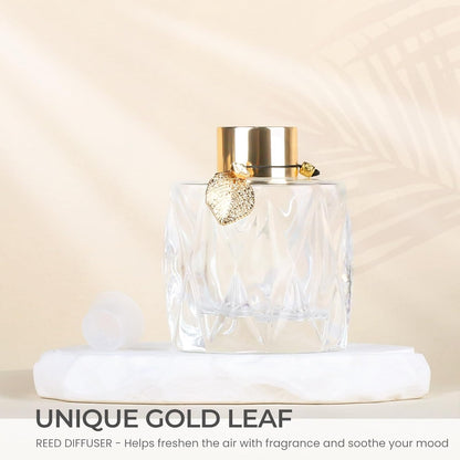 4-Piece Reed Diffuser Set with Metal Golden Decoration, 3.5-4.2oz Empty Bottles and 20 Reed Sticks, Unique Design for Home and Office (4 Different Bottles)