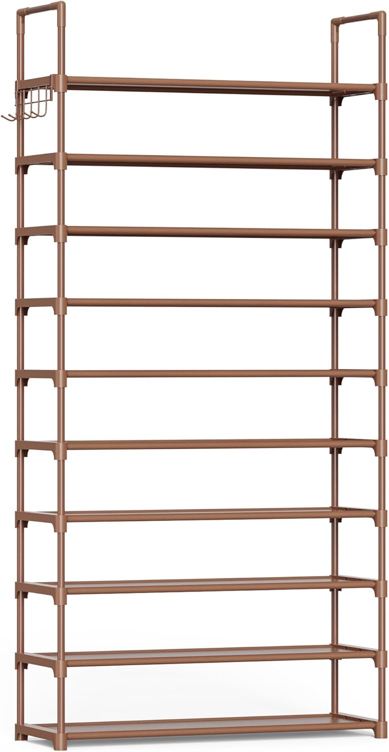 Kitsure Shoe Rack for Closet - 10-Tier Shoe Organizer with Hook Rack, Large-Capacity & Space-Saving Shoe Shelf for Entryway, Bedroom, Living Room,32.2" x 11.8" x 68.5", Black