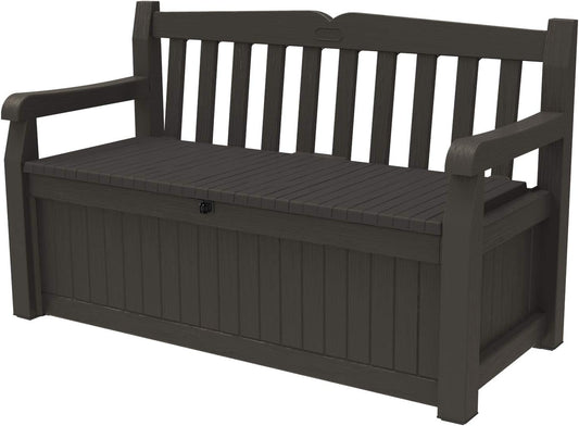 Keter Solana 70 Gallon Storage Bench Deck Box for Patio Furniture, Front Porch Decor and Outdoor Seating – Perfect to Store Garden Tools and Pool Toys, Brown/Brown