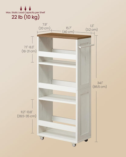 VASAGLE 4-Tier Slide-Out Storage Cart, Slim Kitchen Cart for Small Spaces, with Wheels, Handle, Bathroom, Laundry Room, 5.9 x 17 x 34.1 Inches, Rustic White and Honey Brown ULRC050K01