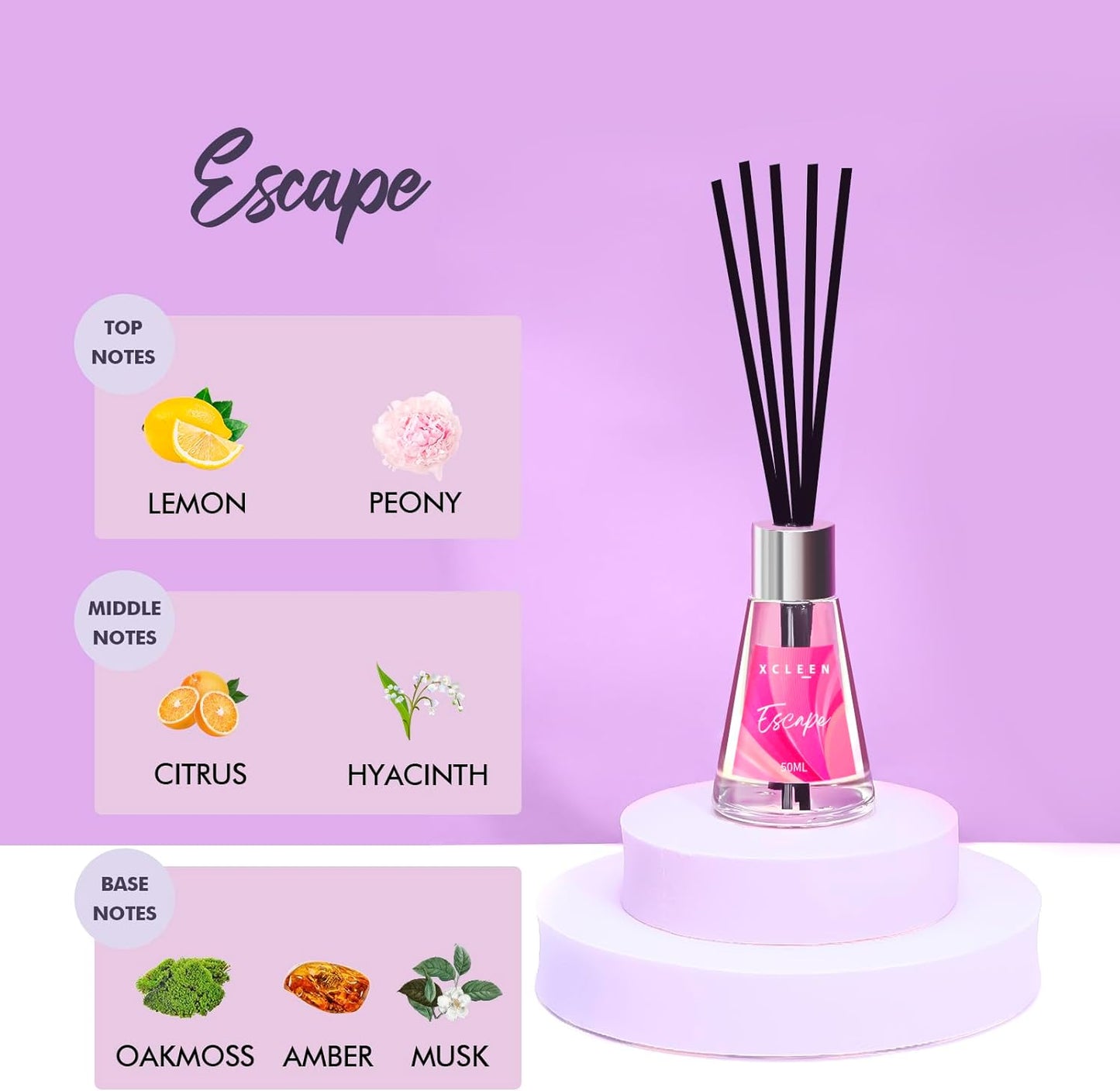 Xcleen 3 Pack Reed Diffuser, Scented Oil Diffuser with 15 Sticks, Escape/Vanilla/Moroccan Amber, Air Freshener for Bathroom & Office, Holiday Home Fragrance, Gift idea, Each 1.7Fl Oz, Total 5.1Oz