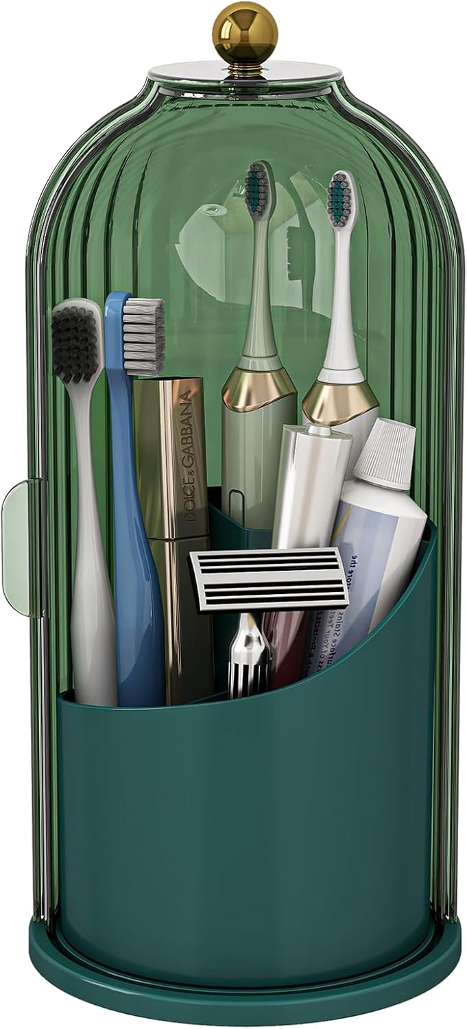 Toothbrush and Toothpaste Holders with Cover, Grey White | Waterproof and Dustproof, 360° Rotating Base, Smooth Sliding Door, 3 Slots, for Bathroom Countertop