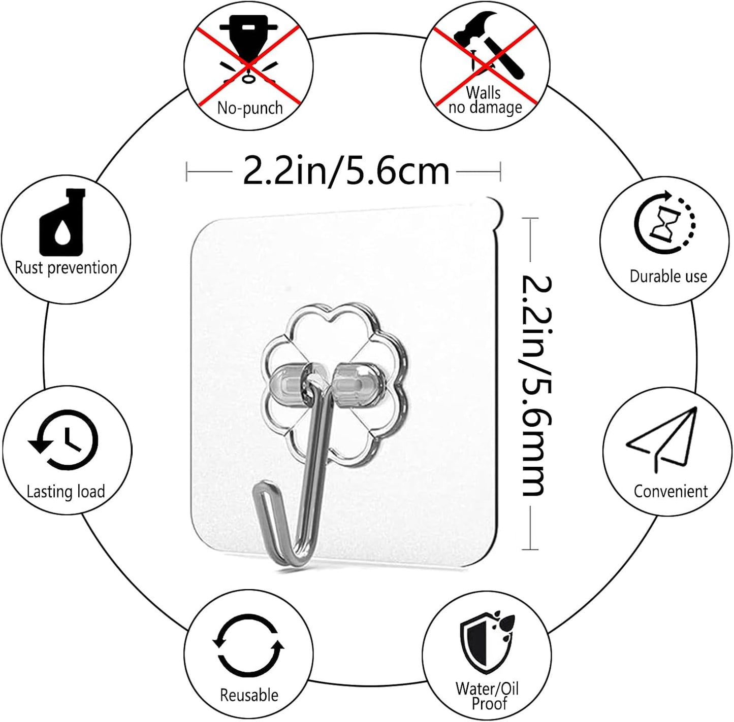 30 Pack Self Adhesive Hooks Heavy Duty - 33lb Max, Adhesive Waterproof Sticky Wall Hooks for Bathroom, Kitchen, Closet, Shower, Wall, Door, Keys No Drilling (Transparent)