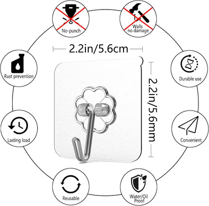 30 Pack Self Adhesive Hooks Heavy Duty - 33lb Max, Adhesive Waterproof Sticky Wall Hooks for Bathroom, Kitchen, Closet, Shower, Wall, Door, Keys No Drilling (Transparent)