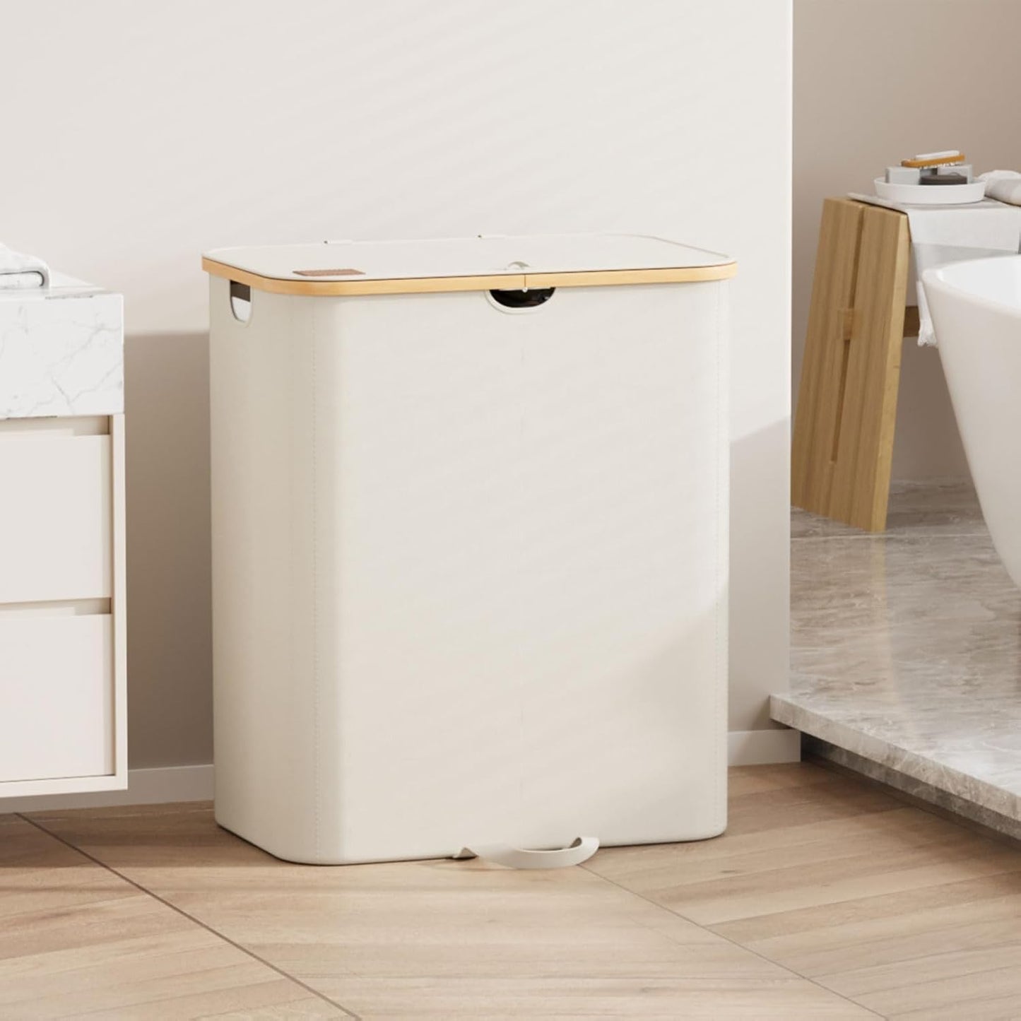 XLHOMO Double Laundry Hamper with Lid and Removable Bags, 150L Large Collapsible 2 Dividers Dirty Clothes Basket with Handles, Beige Double Laundry Basket Organizer for Bedroom,Laundry Room,College