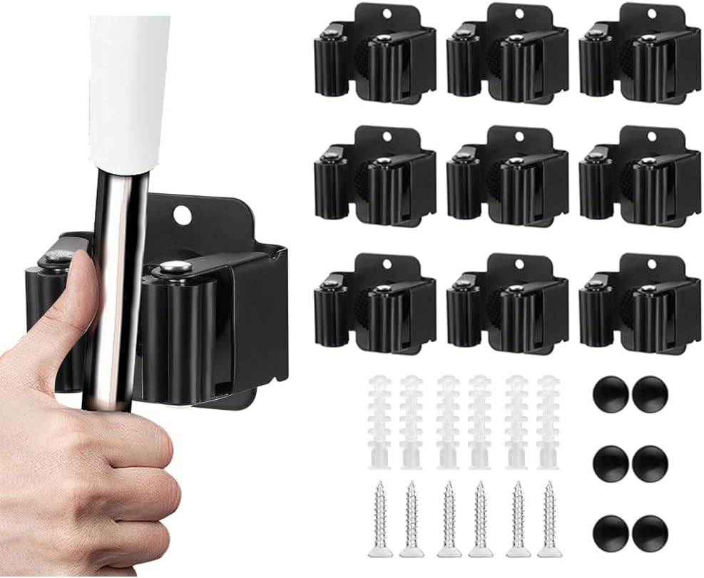 JAMEND CLXP 24PCS Broom and Mop Holder, Heavy Duty Garden Tool Organizer Rack Rake and Shovel Handle, Stainless Steel Mop Hanger. Wall Mounted with Screws.Matte Black