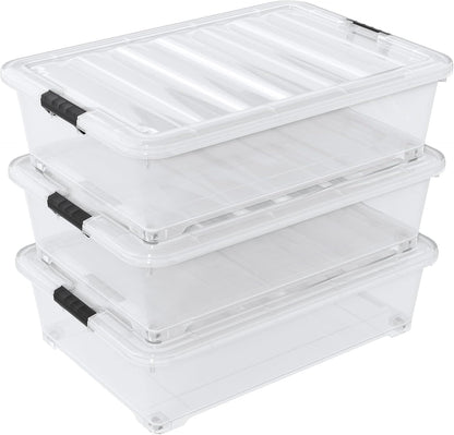 40 Quart Plastic Clear Underbed Storage Bin with Wheels, 3 Packs | Stackable Large Flat Under Bed Organization Boxes with Lids