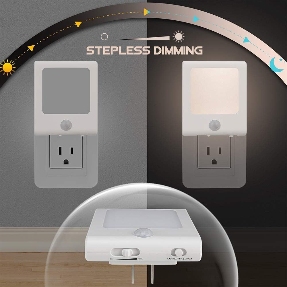 [3Pack] Vintar Motion Sensor Dimmable LED Night Light, Plug-in Nightlight with Auto Dusk to Dawn Sensor, Adjustable Brightness Warm White Lights for Hallway, Kids Room, Kitchen, Stairway, Bathroom