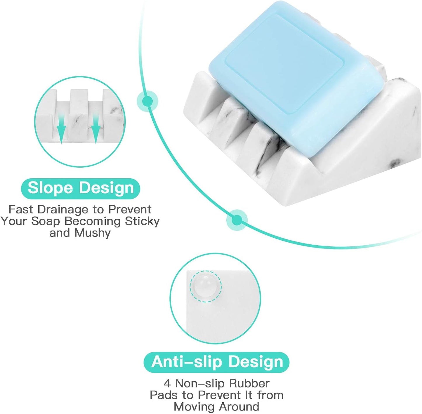 White Marble Soap Dish for Bathroom Sink,Self Draining Bar Soap Holder for Shower