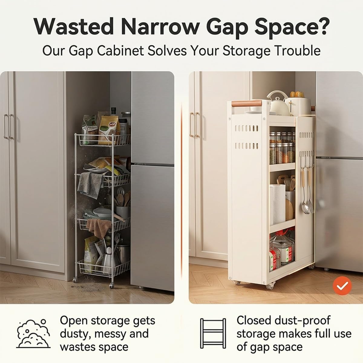 Slim Fridge Gap Storage Cart,All Carbon Steel Adjustable Rolling Kitchen Shelving Organizer with Wheels for Refrigerator Side Cabinet Narrow Space(3-Tier 5.5 * 15.7 * 26.0in)
