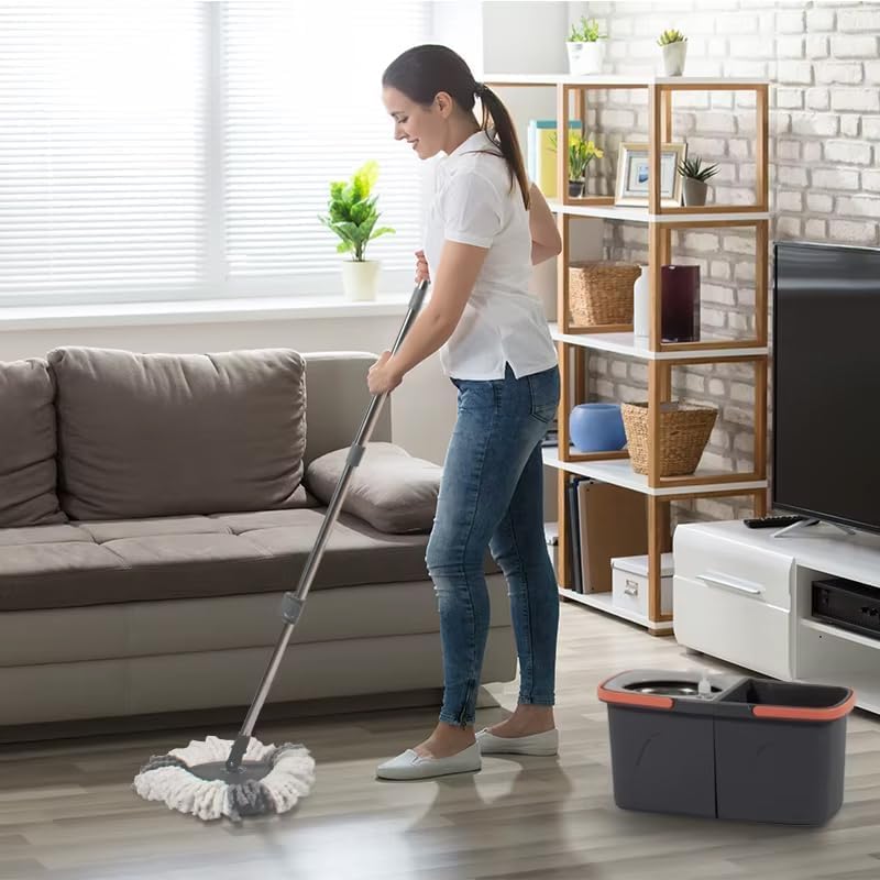 360° Rotating Spin Mop and Foldable Bucket Set, Dual Clean & Dirty Water System, Hands-Free Easy Spin Wringing, Heavy-Duty Microfiber Mop with 2 Mop Heads for All Floor Types (TWINS - LV-A03-1)