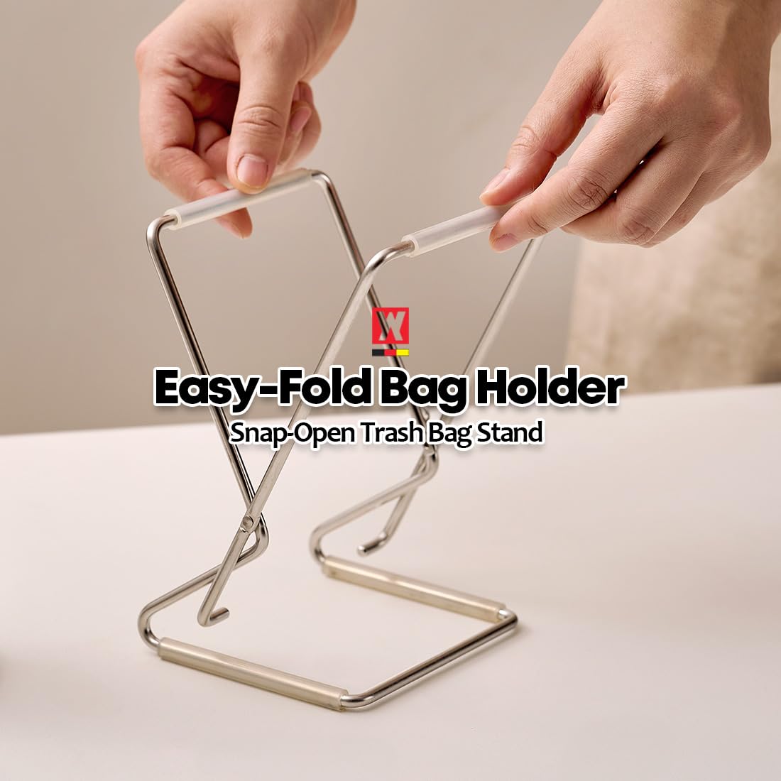 WAGENSTEIGER Foldable Stainless Steel Trash Bag Holder 13×17cm (5.12" × 6.69") Compact Countertop Waste Stand for Kitchen Food Prep, Desktop Use & Camping | Easy-Fold Space-Saving Bag Frame