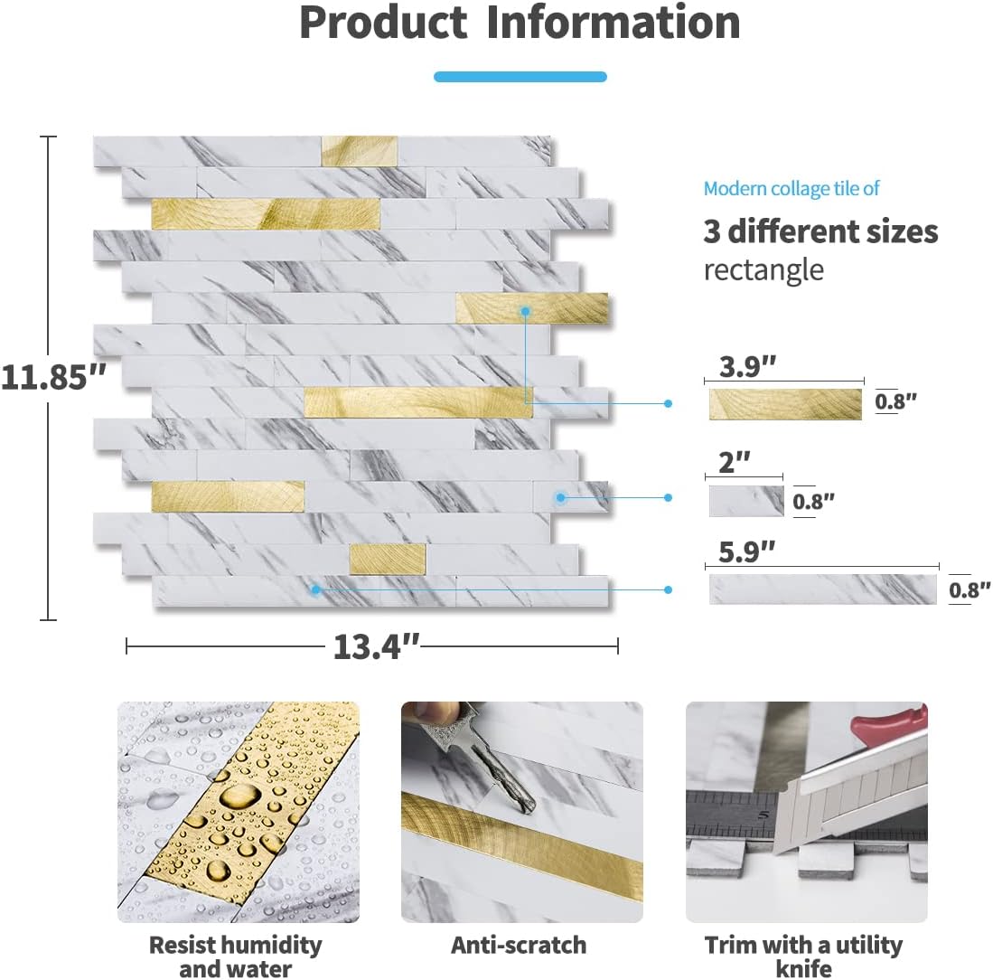 Art3d 10-Sheet Peel and Stick Backsplash Tile for Kitchen Bathroom Fireplace Laundry Room in White Slate with Gold Studded