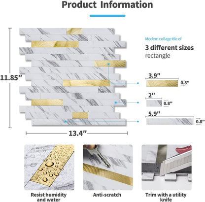 Art3d 10-Sheet Peel and Stick Backsplash Tile for Kitchen Bathroom Fireplace Laundry Room in White Slate with Gold Studded