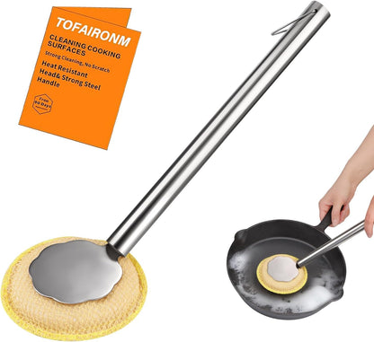 Kitchen Cleaning Brush with Handle, Non-Scratch Preserve Seasoning for Wok, Cast Iron Skillet, Pans, Oven Racks, Air Fryer, Jars - Stainless Steel Handle