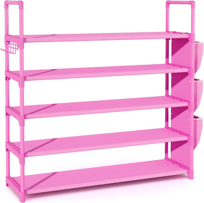 VILICK 5 Tier Shoe Rack with Hook and Side Pocket,Shoe Organizer Space Saver Storage for 20-25 Pair Shoe Storage Shelf Sturdy Free Standing Long Shoe Rack Organizer for Closet,Entryway,Small Spaces