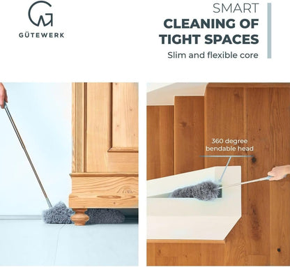 Gütewerk Extendable Microfiber Duster, 55 Inch - Feather Dusters for Cleaning Ceiling Fans, Blinds, Baseboards & High Ceilings - Washable, Electrostatic, 360° Bendable Head, Stainless Steel Pole
