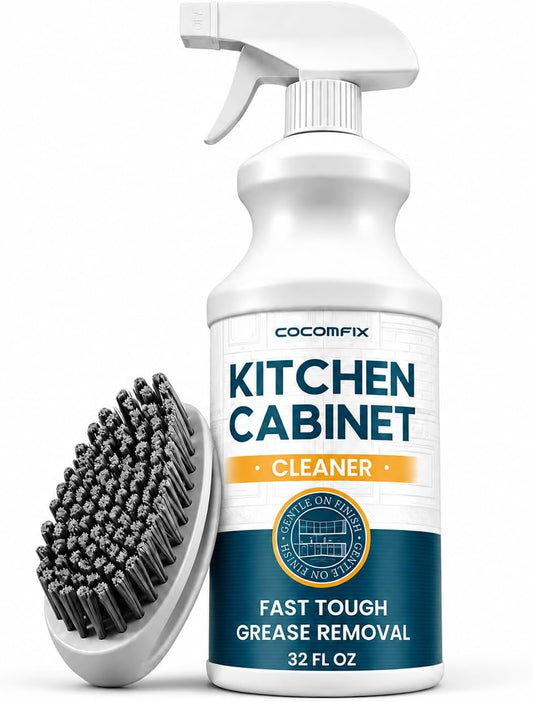 cocomfix Kitchen Cabinet Cleaner for Sticky Grease, Gentle Residue-Free Cabinet Degreaser for Wood, Painted & White Cabinets, Removes Grime, Fingerprints & Buildup, with Soft Scrub Brush, 32oz